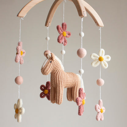 Floral Horse Baby Mobile with blush accents – Knitted Pony & Wildflowers Nursery Decor
