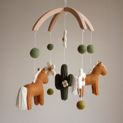 Cowgirl Baby Mobile, Western Nursery Decor with Knitted Horses, Cactus and Daisies