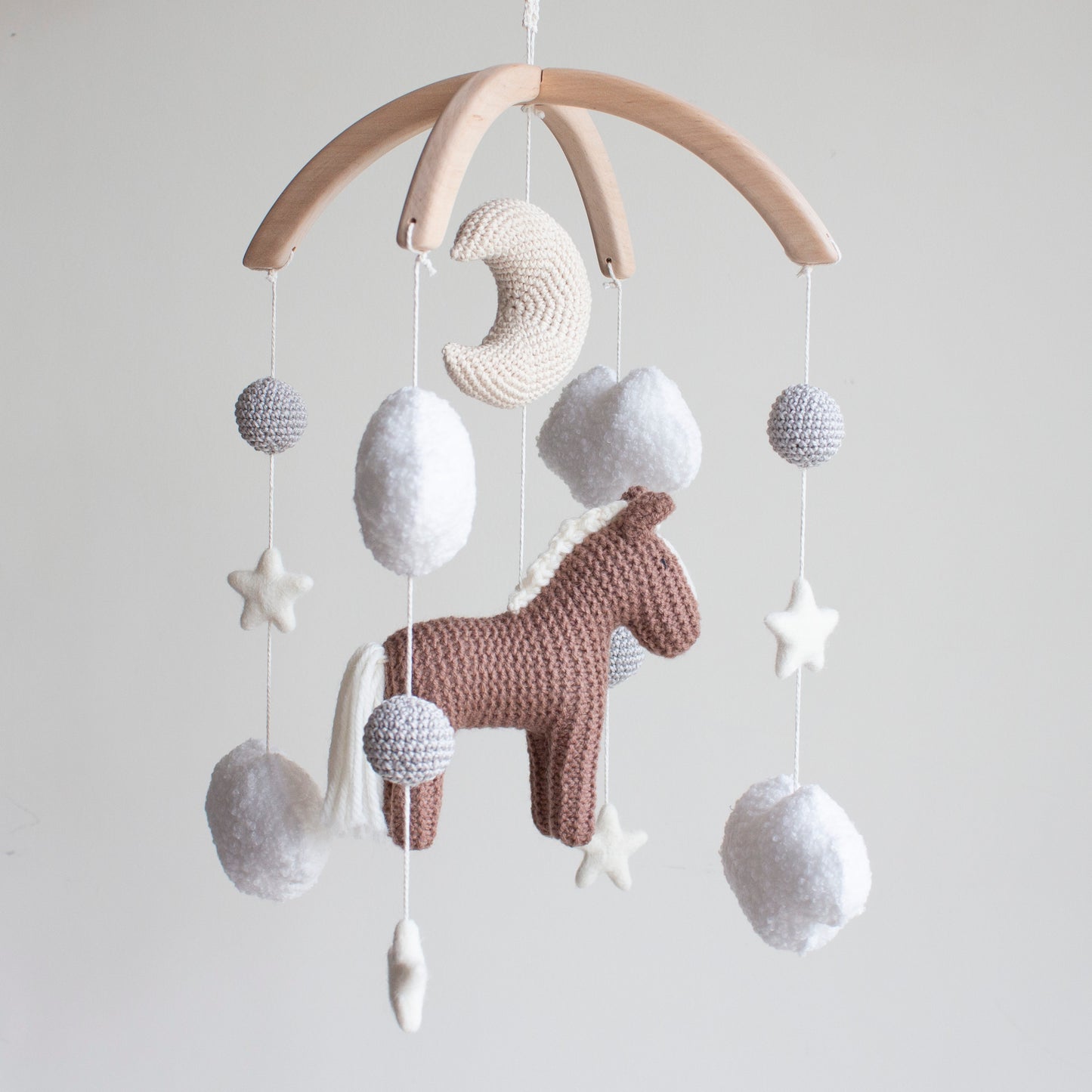 Horse Baby Mobile with Boucle Clouds, Moon, Stars, grey balls