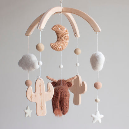 Baby mobile Longhorn cow & wooden cactus: Boho western nursery decor