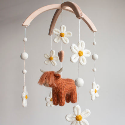 Rust Highland Cow with Daisies Baby Mobile | Floral Boho Farm Nursery Decor