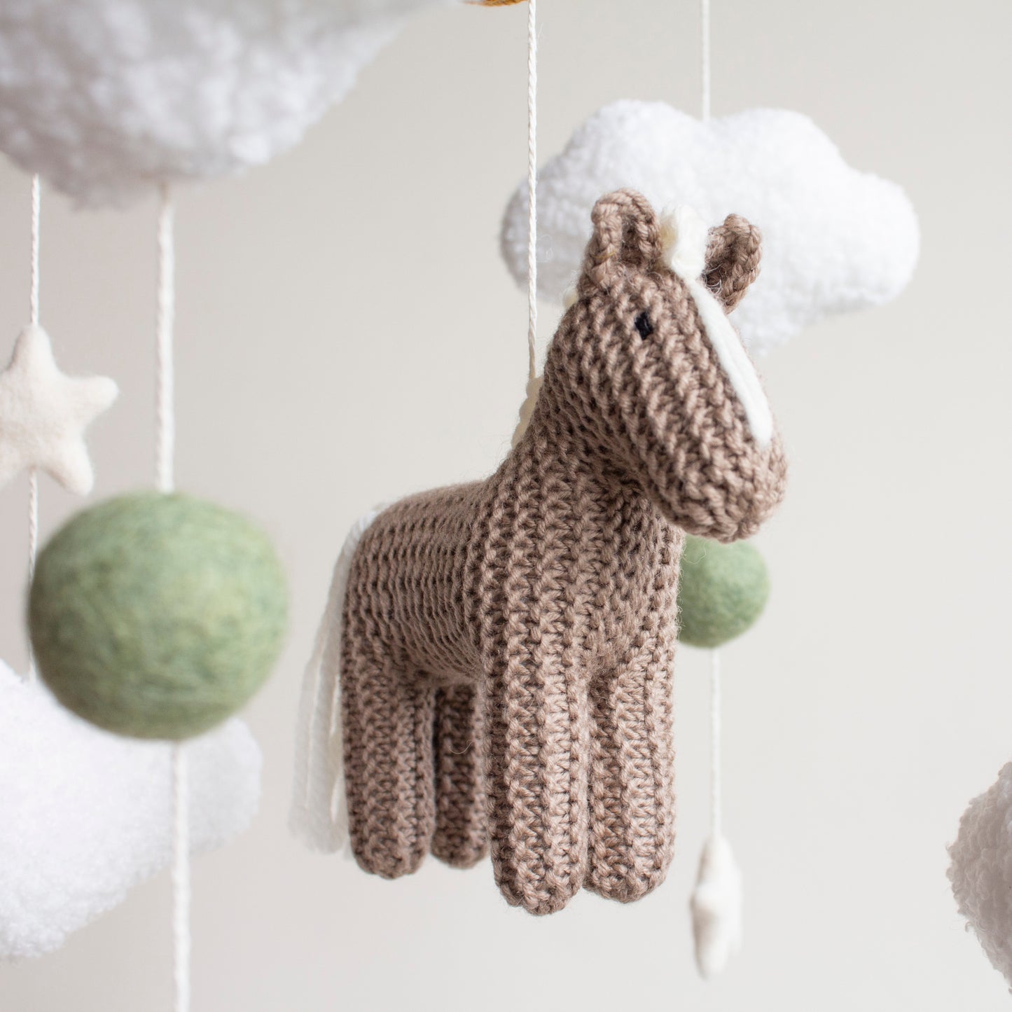 Horse Baby Mobile: Taupe Knitted Pony, Bouclé Clouds, Crochet Moon & Balls, Wool Stars (Copy)