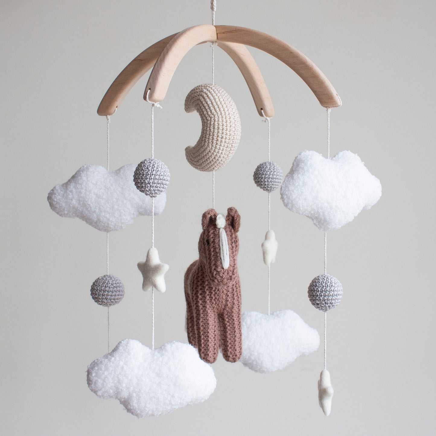 Horse Baby Mobile: Cocoa Knitted Pony, Bouclé Clouds, Crochet Moon & Balls, Wool Stars