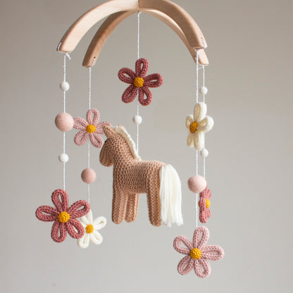 Floral Horse Baby Mobile with blush accents – Knitted Pony & Wildflowers Nursery Decor