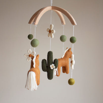 Cowgirl Baby Mobile, Western Nursery Decor with Knitted Horses, Cactus and Daisies