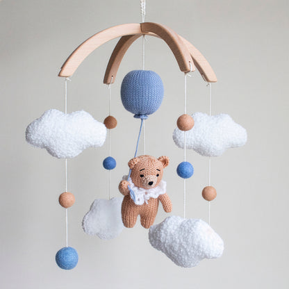 Teddy bear baby mobile with boucle clouds & blue balloon