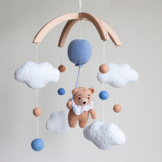 Teddy bear baby mobile with boucle clouds & blue balloon