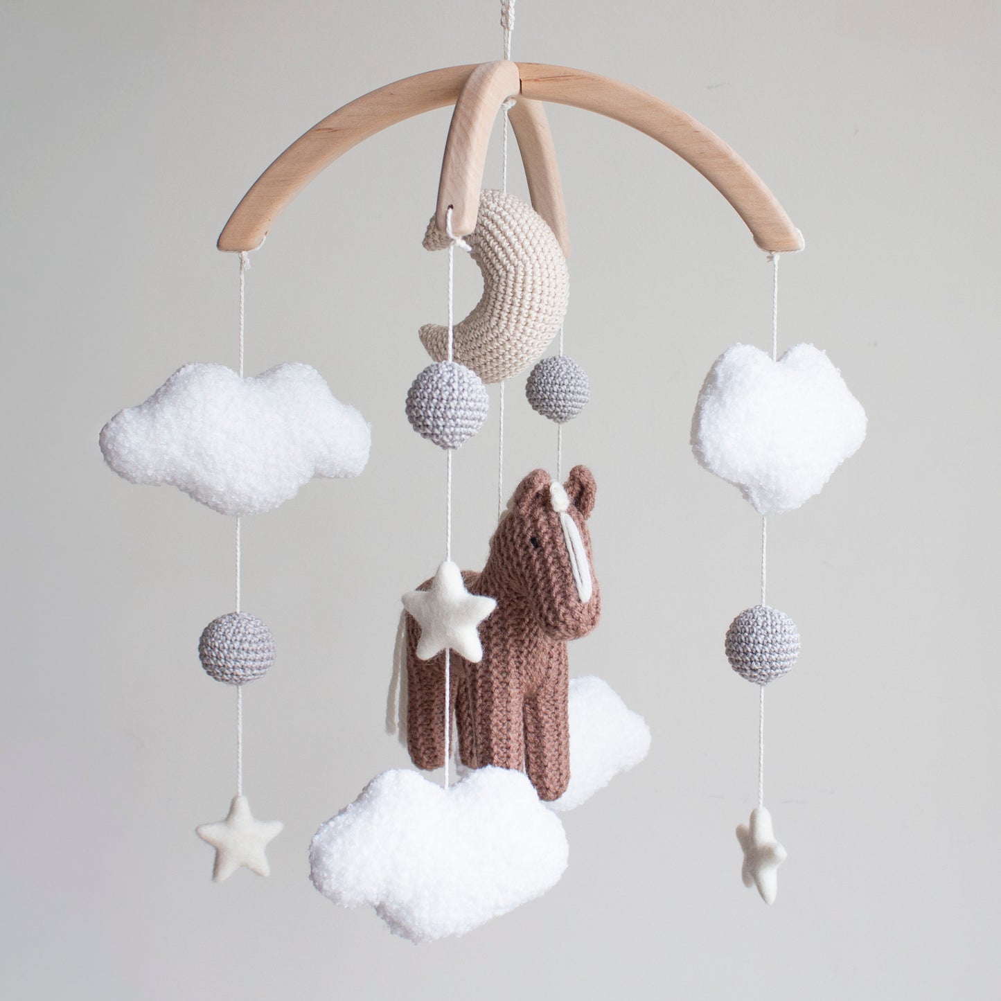 Horse Baby Mobile with Boucle Clouds, Moon, Stars, grey balls