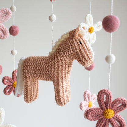 Floral Horse Baby Mobile – Knitted Pony & Wildflowers Nursery Decor