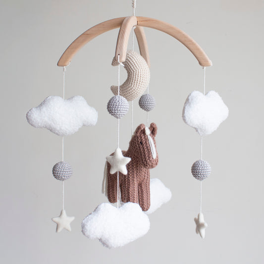 Horse Baby Mobile: Cocoa Knitted Pony, Bouclé Clouds, Crochet Moon & Balls, Wool Stars