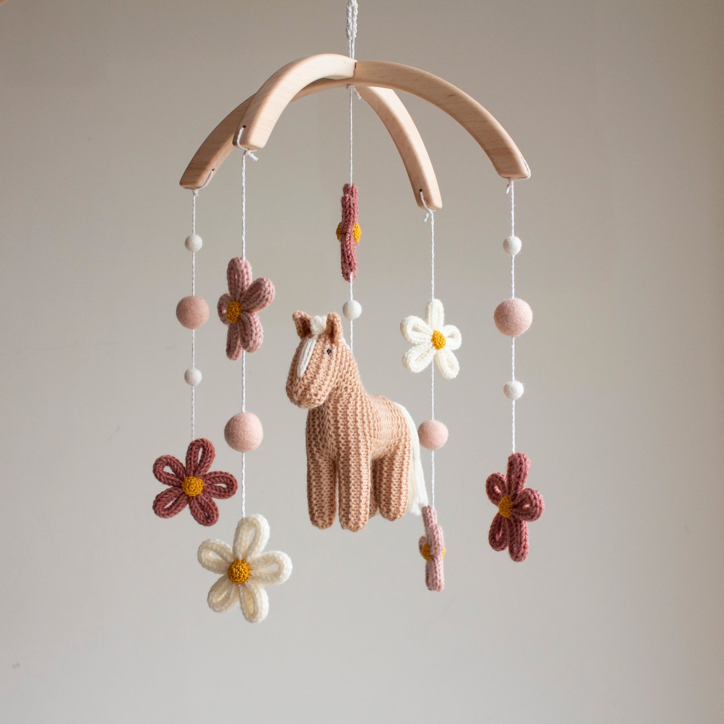 Floral Horse Baby Mobile with blush accents – Knitted Pony & Wildflowers Nursery Decor