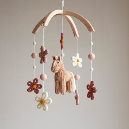 Floral Horse Baby Mobile with blush accents – Knitted Pony & Wildflowers Nursery Decor