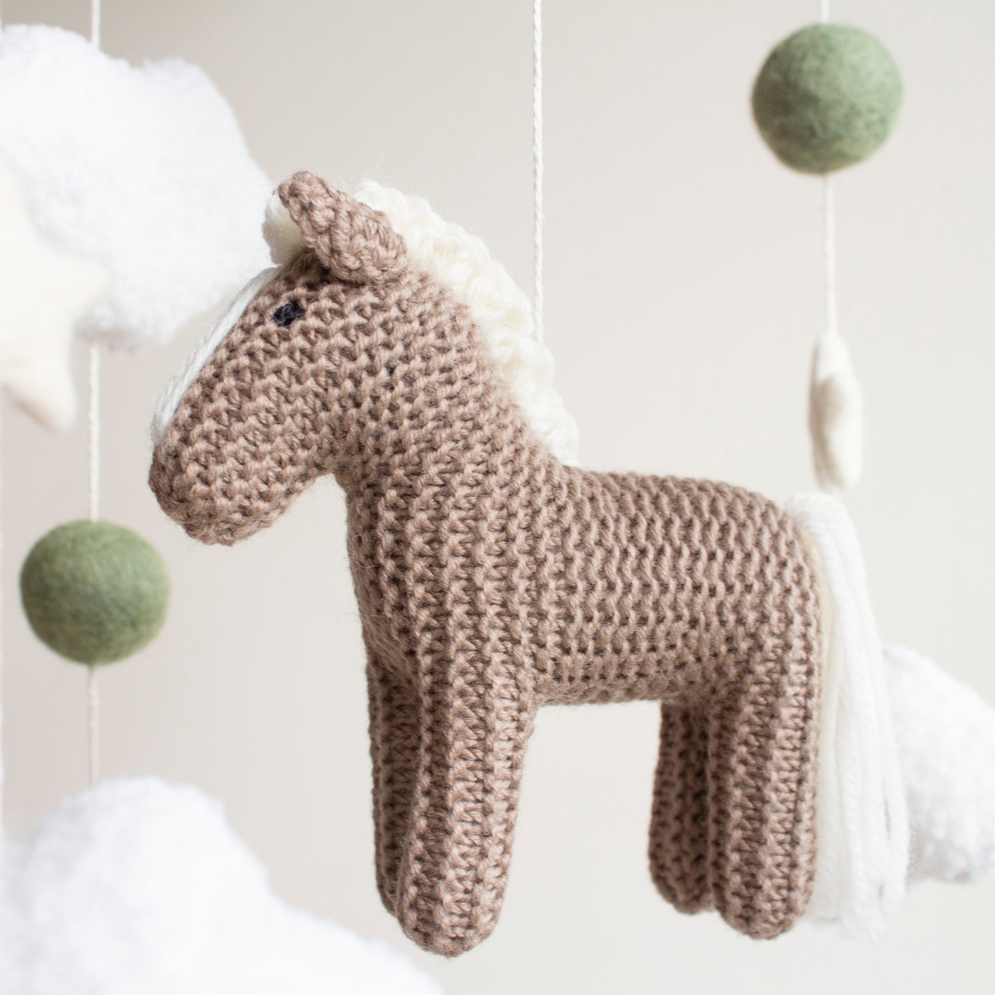 Horse Baby Mobile: Taupe Knitted Pony, Bouclé Clouds, Crochet Moon & Balls, Wool Stars (Copy)