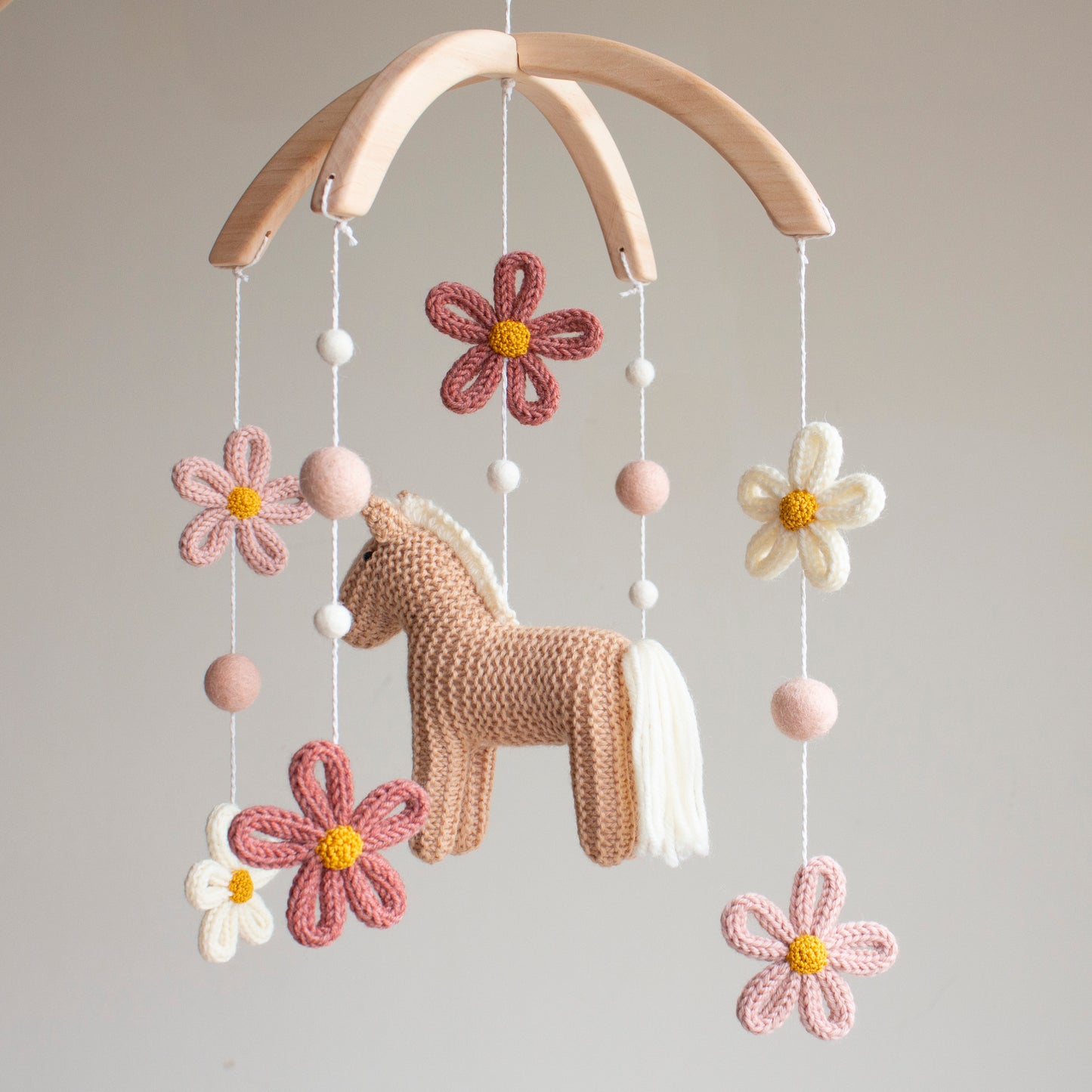 Floral Horse Baby Mobile with blush accents – Knitted Pony & Wildflowers Nursery Decor