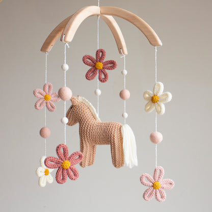 Floral Horse Baby Mobile with blush accents – Knitted Pony & Wildflowers Nursery Decor
