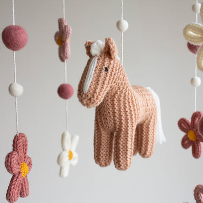 Floral Horse Baby Mobile – Knitted Pony & Wildflowers Nursery Decor