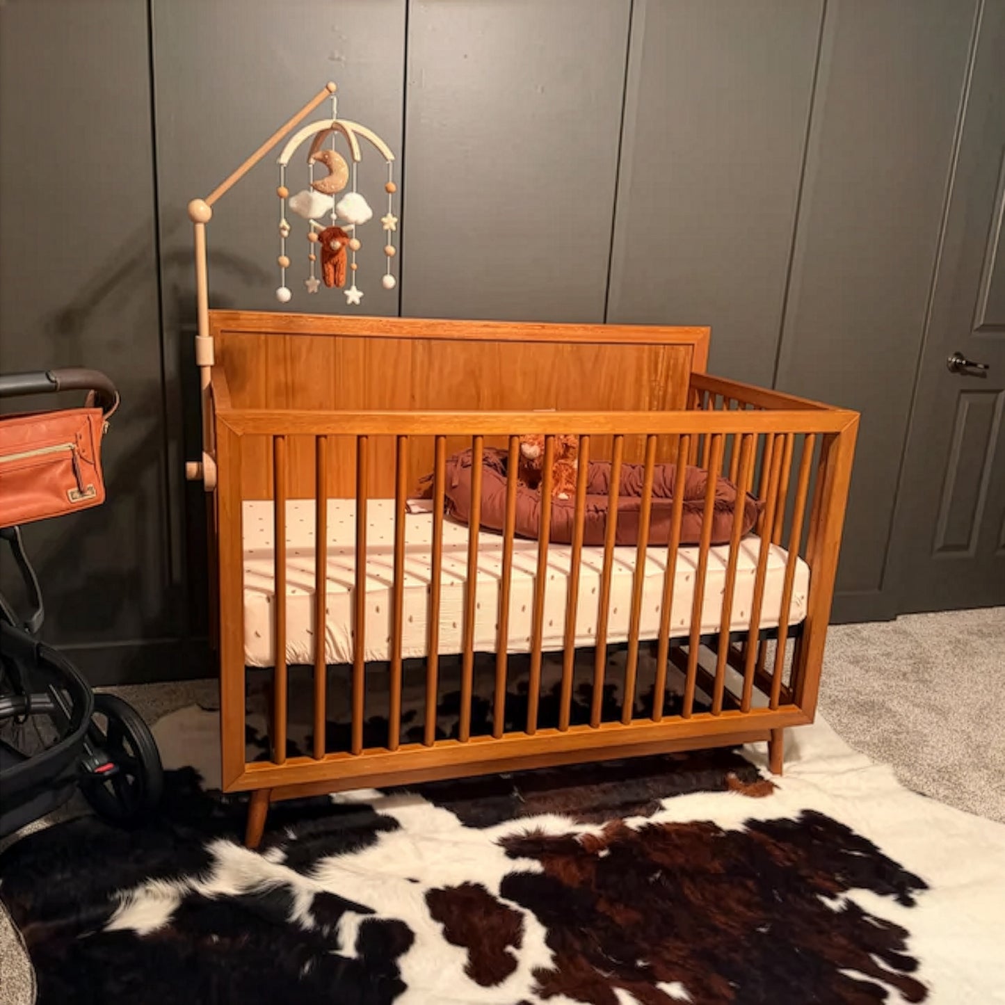 Burnt Orange Highland Cow & Moon Baby Mobile – Rustic Boho Farm Nursery Decor