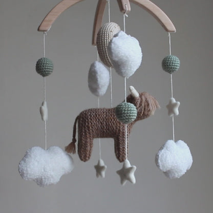 Highland Cow Baby Mobile with Bouclé Clouds – Sage & Earthy Neutrals