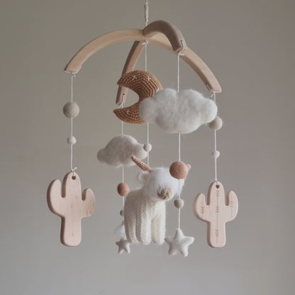 White Longhorn Cow & Wooden Cactus Baby Mobile – Boho Western Nursery Decor