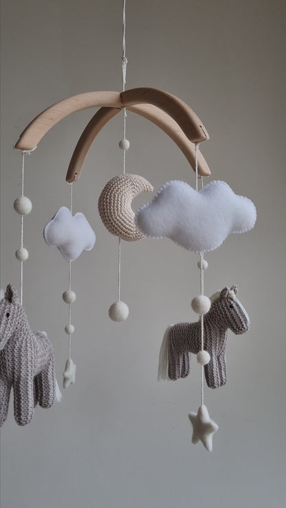 Horse Baby Mobile – Neutral Pony & Celestial Nursery Decor