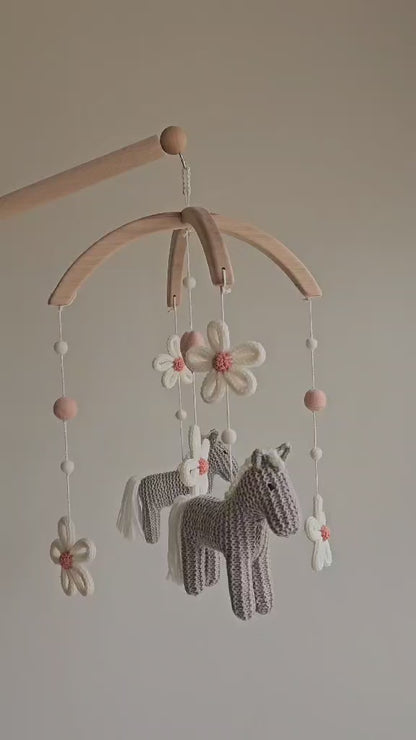 Baby mobile Horses & Daisies - Wildflower nursery decor in grey, blush - Floral ponies cot mobile - Cowgirl crib mobile