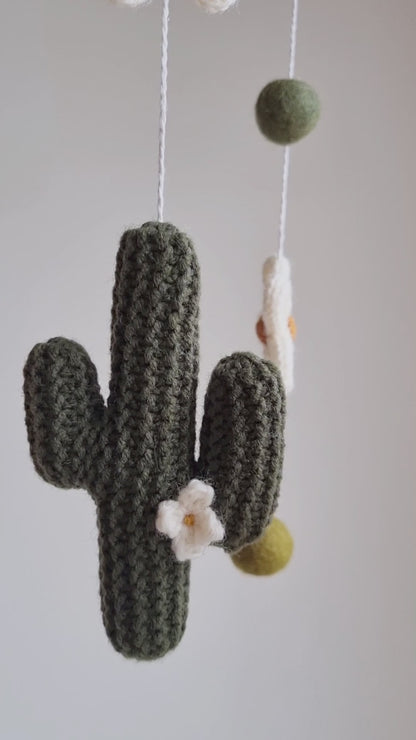 Cowgirl Baby Mobile, Western Nursery Decor with Knitted Horses, Cactus and Daisies