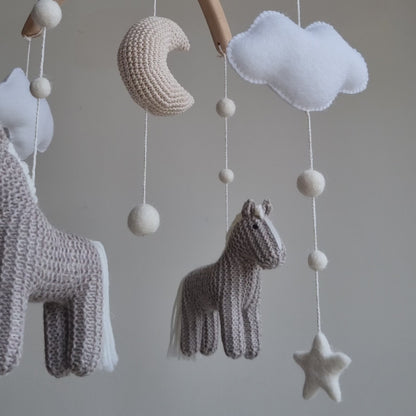 Grey Horses Baby Mobile – Neutral Pony & Celestial Nursery Decor