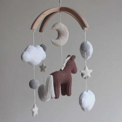 Horse Baby Mobile: Cocoa Knitted Pony, Bouclé Clouds, Crochet Moon & Balls, Wool Stars