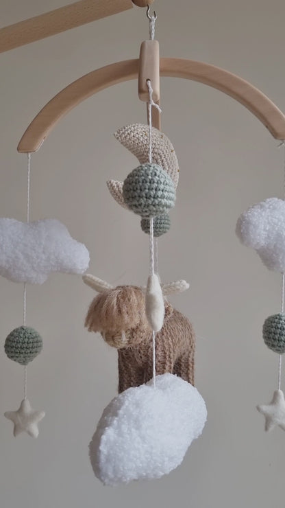 Highland Cow Baby Mobile with Bouclé Clouds – Sage & Earthy Neutrals