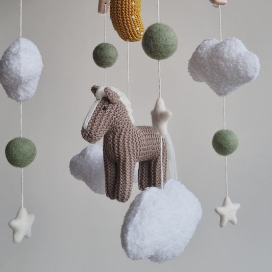 Horse Baby Mobile: Taupe Knitted Pony, Bouclé Clouds, Crochet Moon & Balls, Wool Stars (Copy)