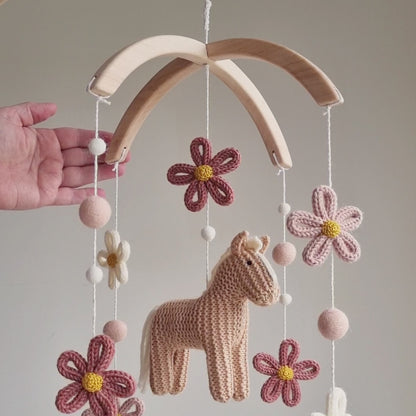 Floral Horse Baby Mobile with blush accents – Knitted Pony & Wildflowers Nursery Decor