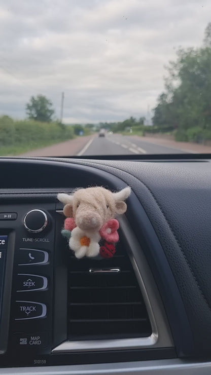 Highland Cow Car Vent Clip with Flowers & Ladybird