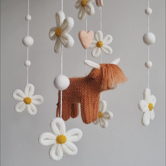 Rust Highland Cow with Daisies Baby Mobile | Floral Boho Farm Nursery Decor
