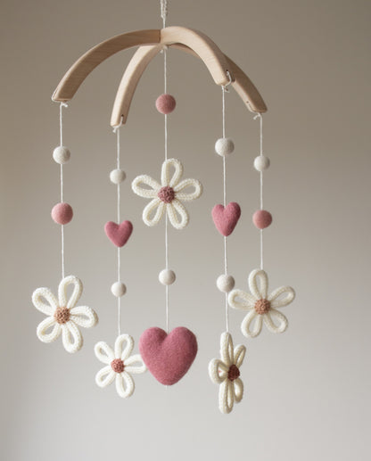 Daisies nursery mobile with dusty rose pink