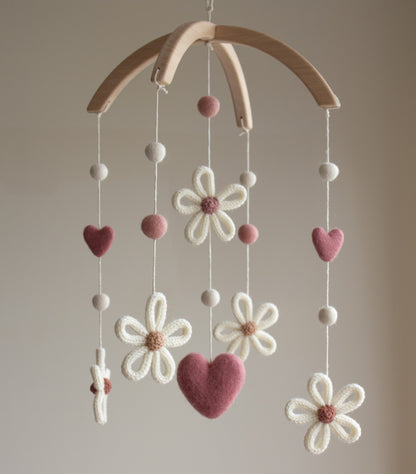 Daisies nursery mobile with dusty rose pink