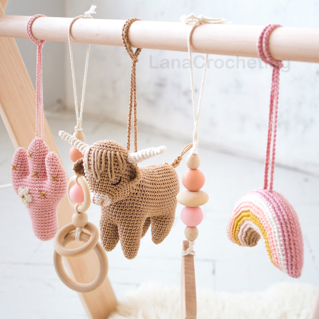 Highland Cow Baby Play Gym Toys: Highland cow, rainbow, saguaro